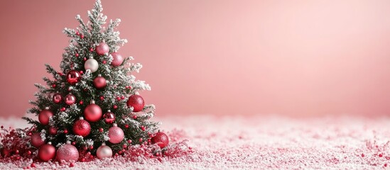 Poster - Christmas tree decorated with ornaments on a soft pink background perfect for winter holiday greeting cards and festive themes