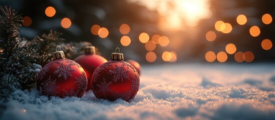 Aufkleber - Christmas card with red ornaments and festive decorations nestled in fresh snow during sunset with glowing bokeh lights in the background