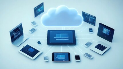 Poster - Cloud computing concept with networked devices synchronizing data through a centralized digital cloud