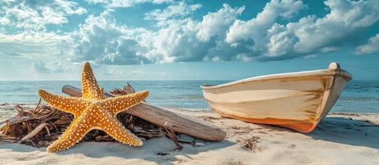 Poster - Starfish and wooden boat on sandy beach with driftwood and vibrant sky showcasing serene coastal scenery.