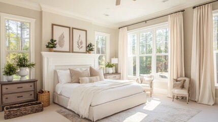 Wall Mural - Bright and spacious bedroom featuring a white fireplace, soft window curtains, and neutral decor highlighted by a warm, sunny glow