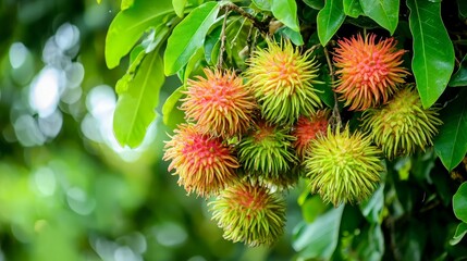 Close-up of ripe and unripe rambutans on a tree branch.