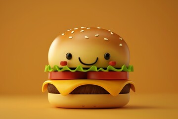 Poster - 3d rendering of a kawaii style cheeseburger with a cute smiling face, placed on an orange background