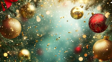 Poster - A Christmas tree with gold and red ornaments and a red ribbon