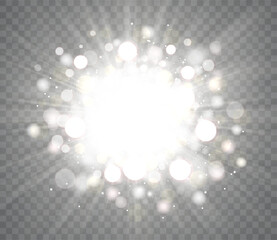 Wall Mural - bright glowing flash of white, golden light with highlights and rays, sparks and stardust. transpare