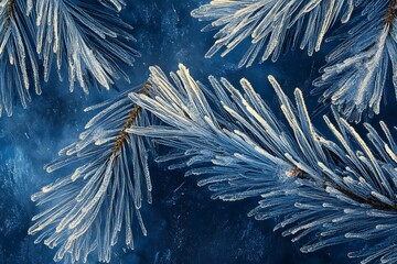 Poster - Frosty pine branches on a blue background.
