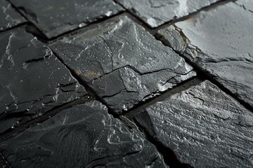 Poster - Close up of wet black slate tiles forming a textured background, suitable for various design and architectural applications