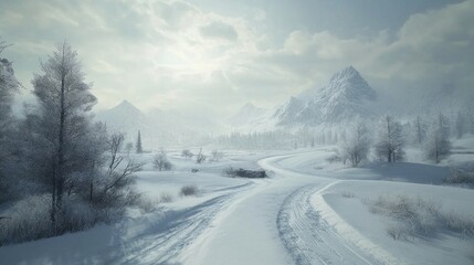 Poster - A snowy mountain range with a road running through it