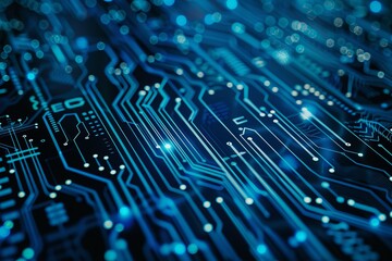 Fototapete - Complex electronic circuit board illuminated with glowing blue light, symbolizing data transmission and technological advancement