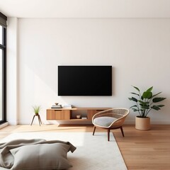 Modern living room with a TV mounted on a wall above a wooden shelf.