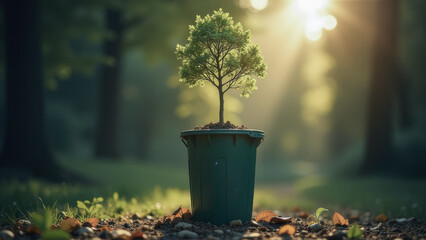 Wall Mural - Young tree potted in sunlight, small sapling in green container surrounded by natural forest ambiance, growth concept