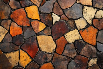Poster - Irregularly shaped stones in warm tones create a textured mosaic wall.