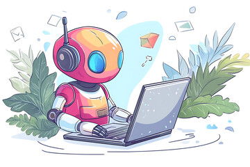 Poster - A colorful robot with headphones working on a laptop amidst tropical plants.