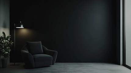 Dark living room with black walls and gray furniture minimalism