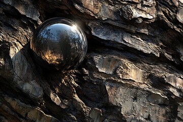 Poster - Reflective sphere nestled in rough bark texture.