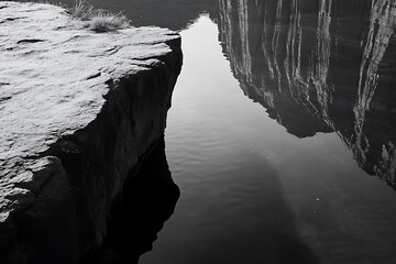 Poster - Serene black and white reflection of rocks and cliffs in still water.