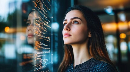 Female software architect in digital office planning code structure on glass board data structures and coding concepts reflected behind calm innovation-driven workspace tech elegance