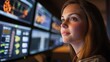 © Netthida Arsa - Female cybersecurity expert studying network protection data in control room filled with glowing screens projecting real-time threat maps intense focused expression security-driven work vibe