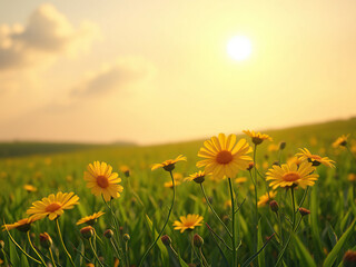 Wall Mural - Beautiful yellow flowers in a field of greenery under the sun, sunlight, meadow