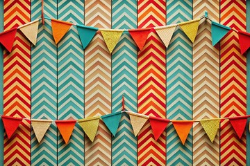 Poster - Aerial View of a Retro Zigzag Lines Striped Geometric Banner Design Background with Vibrant Colors and Bold Patterns, Perfect for Creative Projects and Graphic Design Inspiration
