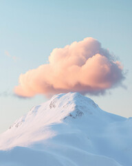 Wall Mural - Summit of a mountain covered in snow with a cloud right above at sunrise.