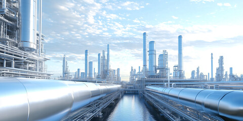 Poster - Futuristic carbon capture and storage facilities with sleek metallic structures under bright sky, showcasing advanced industrial technology and environmental innovation