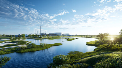 Poster - serene landscape with carbon capture storage facilities by tranquil lake under bright blue sky, surrounded by lush greenery and reflecting water, creating peaceful atmosphere