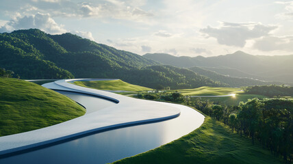 Aufkleber - serene landscape featuring winding river flowing through lush green hills under bright sky, evoking tranquility and harmony with nature