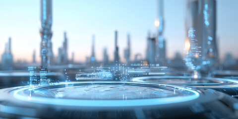 Poster - Futuristic industrial landscape with carbon storage systems, featuring advanced technology and digital interfaces in modern cityscape. scene is illuminated with blue glow