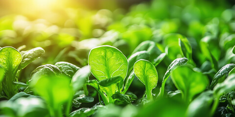 Poster - Lush green leaves basking in sunlight, showcasing vitality of hydroponic farming. vibrant foliage highlights innovation and efficiency of vertical agriculture systems
