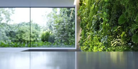 Poster - lush vertical indoor hydroponics garden with serene atmosphere is beautifully integrated into modern space, featuring large windows that offer view of vibrant greenery outside