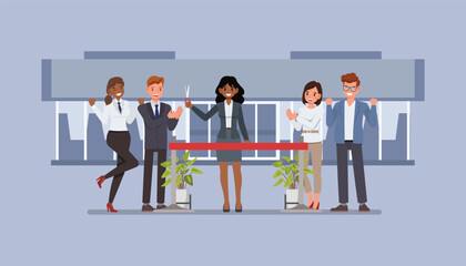 Businesswoman cutting a ribbon in front of a small office or storefront and celebrating the launch of their startup character vector illustration design. Business startup launch concept.