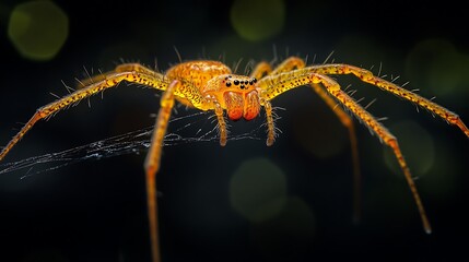 Wall Mural - Hairy legs of a golden spider delicately weaving a web in a dark minimalist scene