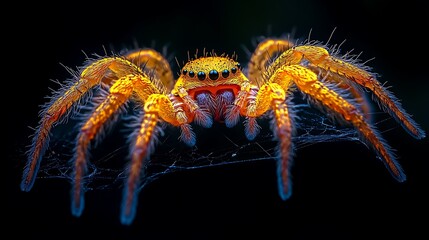 Wall Mural - Hairy legs of a golden spider delicately weaving a web in a dark minimalist scene