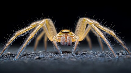 Wall Mural - Hairy legs of a golden spider delicately weaving a web in a dark minimalist scene