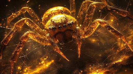 Wall Mural - Detailed closeup of a golden spider weaving a web in a dark atmosphere