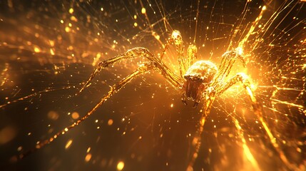 Wall Mural - Detailed closeup of a golden spider weaving a web in a dark atmosphere