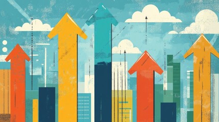 Poster - Colorful Growth Arrows Representing Business Success and Progress Against a Vibrant Urban Skyline with Clouds and Sunlight for Economic Themes