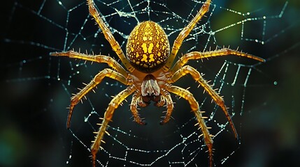 Wall Mural - Intricate web spun by a golden spider with vivid details on a dark background