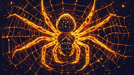 Wall Mural - Intricate web spun by a golden spider with vivid details on a dark background