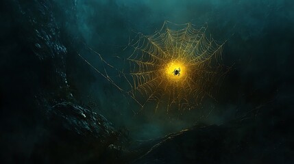 Wall Mural - Illuminated golden spider creating a delicate web in a dark moody scene