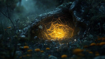 Wall Mural - Illuminated golden spider creating a delicate web in a dark moody scene