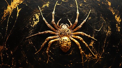 Wall Mural - Stunning golden spider with intricate web details on a jet black canvas