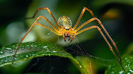 Wall Mural - Golden spider crafting a web in detailed focus with dark background contrast