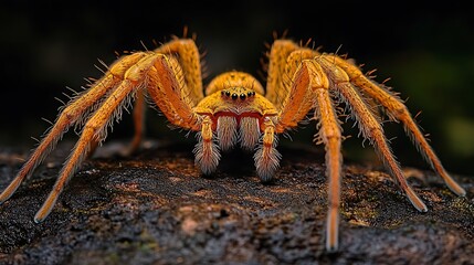 Wall Mural - Hairy legs of a golden spider building an intricate web in a dark environment