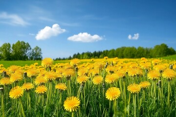 Wall Mural - Field with yellow dandelions and blue sky