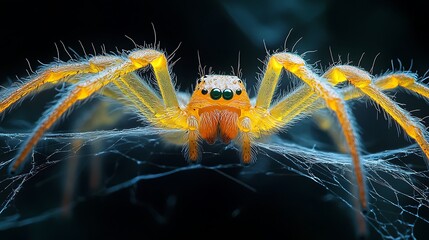 Wall Mural - Hairy legs of a golden spider building an intricate web in a dark environment