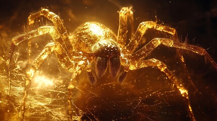 Wall Mural - Hairy legs of a golden spider building an intricate web in a dark environment