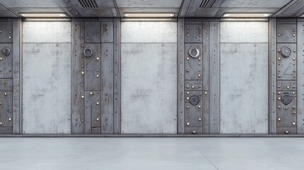 Poster - Futuristic, metallic room with a worn, industrial aesthetic, featuring panels with various textures and details like rivets, bolts, and circular cutouts