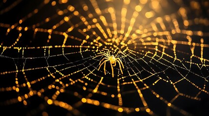Wall Mural - Golden spider weaving an elegant web highlighted on a black minimal background